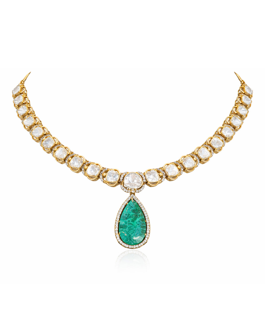 Gold Plated Polki Emerald Statement Necklace with Earring