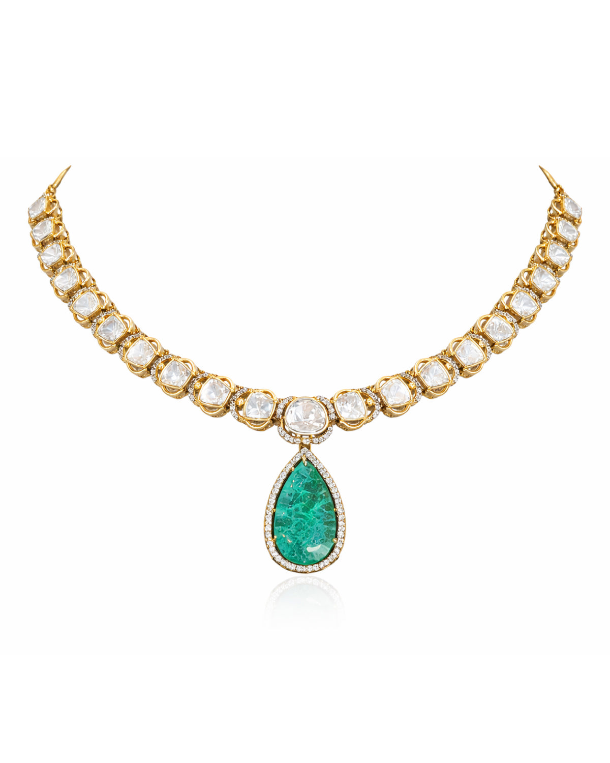 Gold Plated Polki Emerald Statement Necklace with Earring
