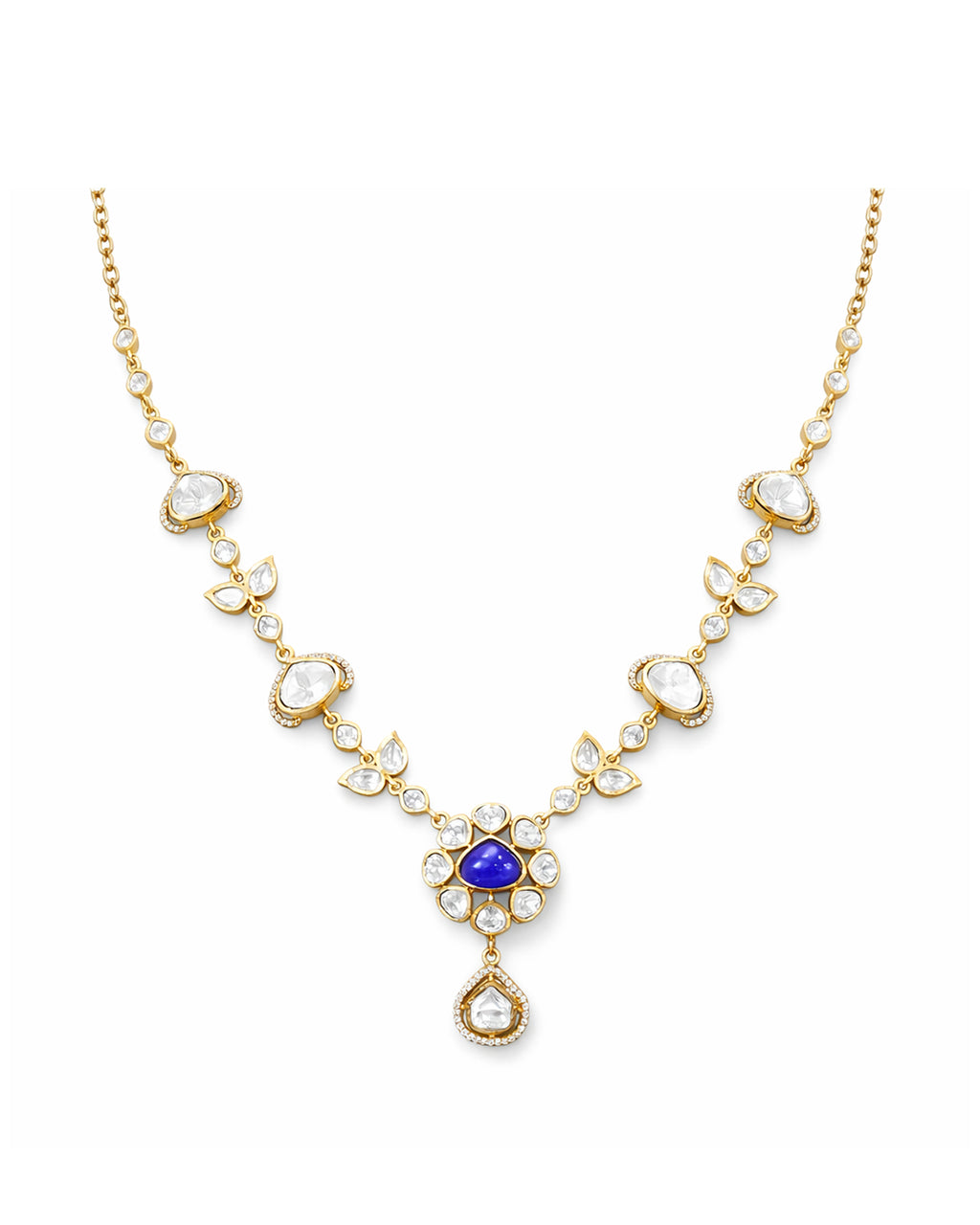 Blue Stone Polki Pendant Necklace with Earrings