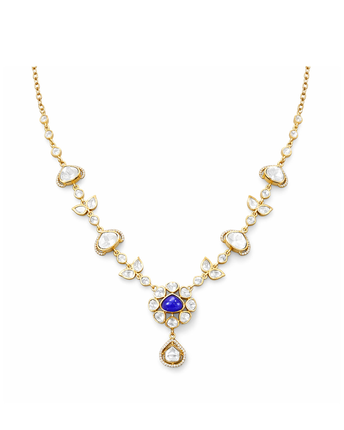 Blue Stone Polki Pendant Necklace with Earrings
