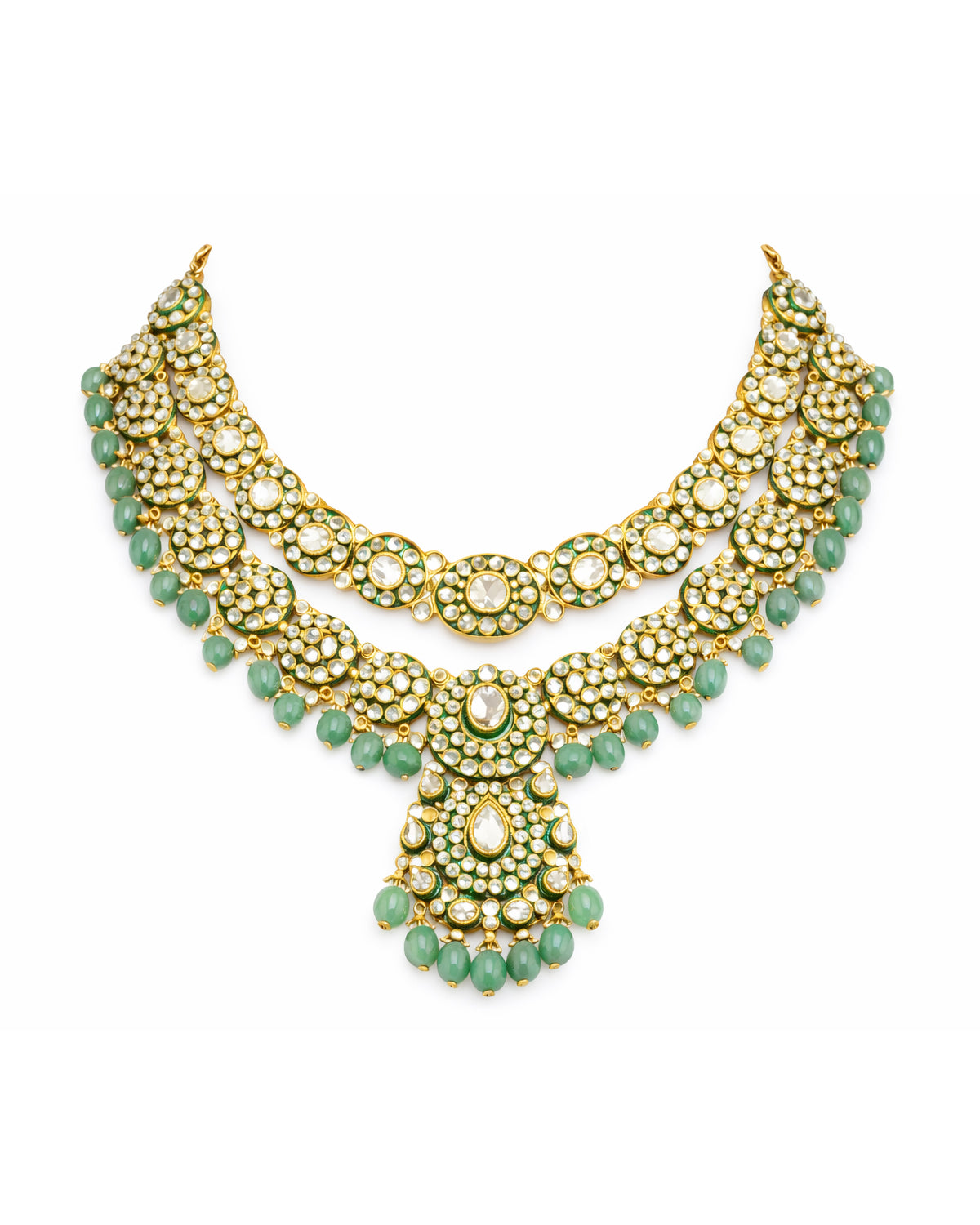 Mint Green Polki Statement Necklace with Chandelier Earrings