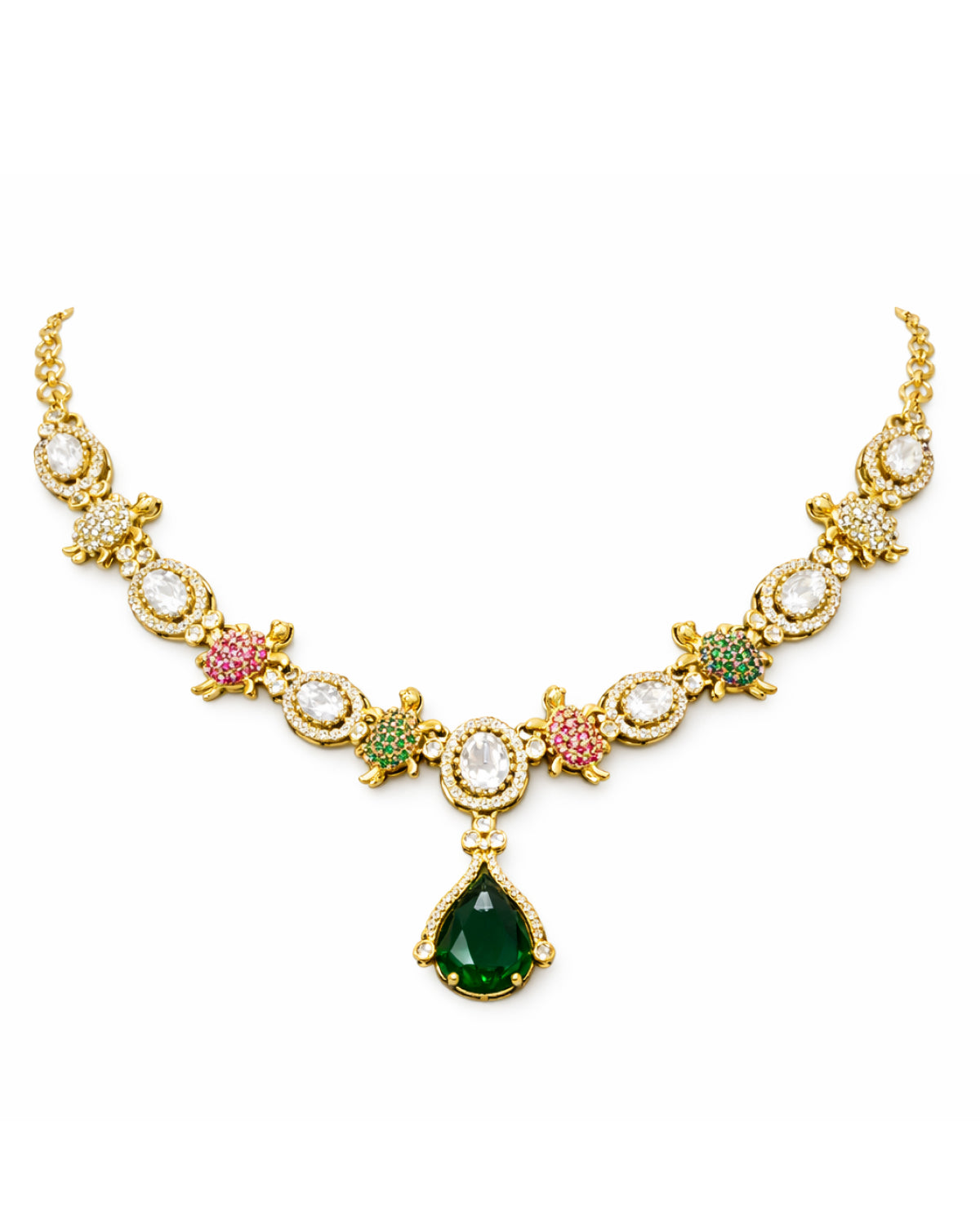 Victorian Emerald Pendant Floral Link Necklace with Earrings