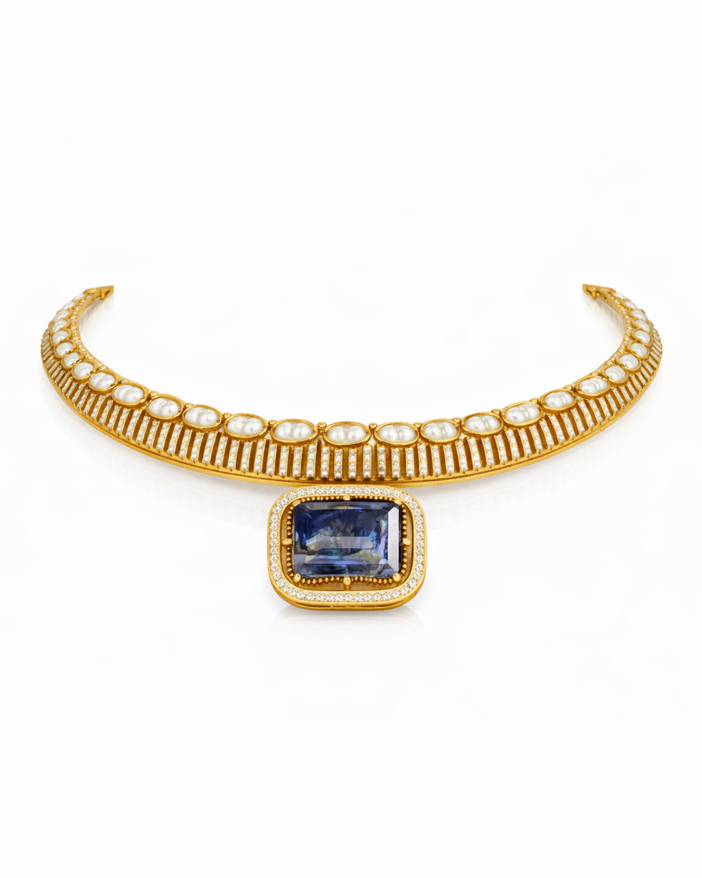 Classic Blue Stone Collar Necklace with Statement Earrings