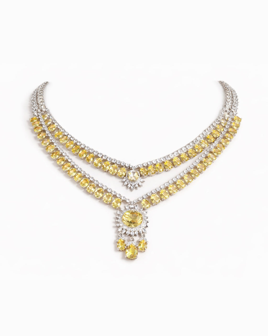 Yellow Stone AD Layered Necklace with Earrings