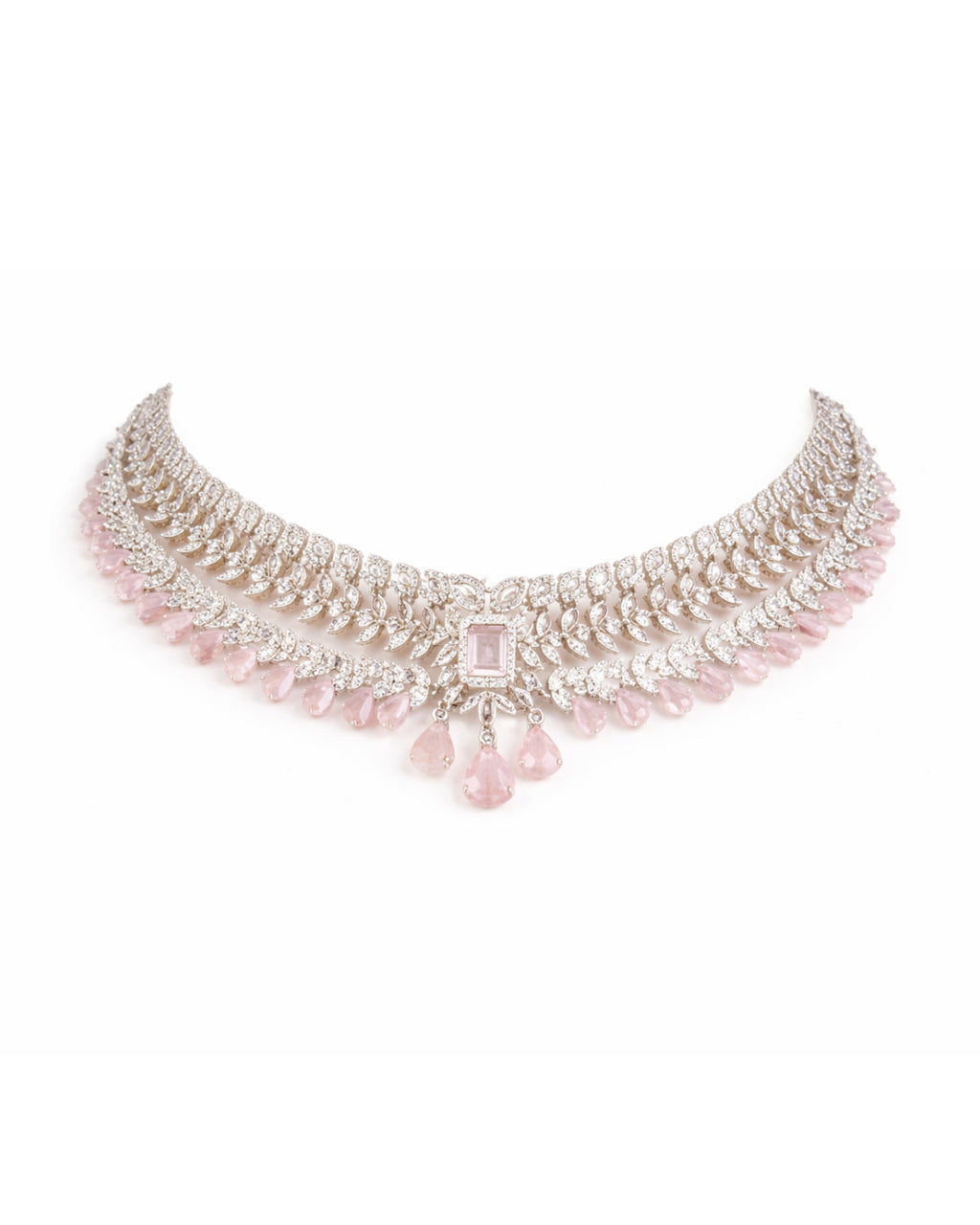 Silver Finish Pink Drop Collar with Chandelier Danglers