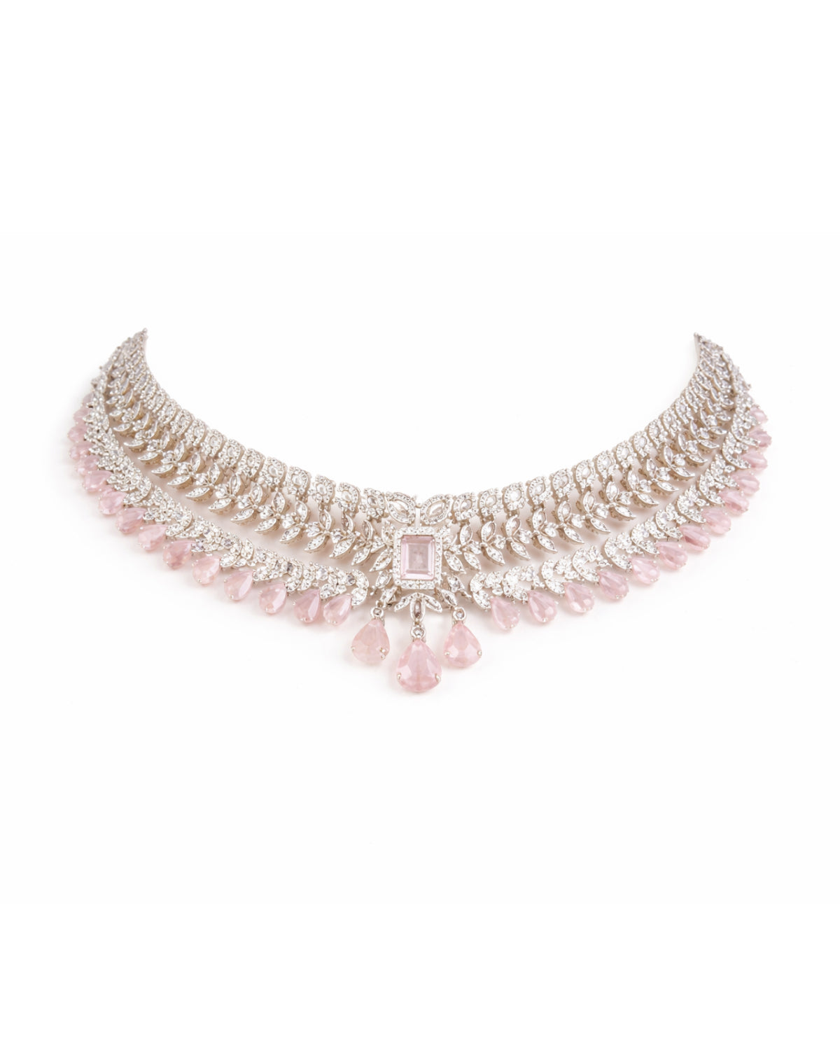 Silver Finish Pink Drop Collar with Chandelier Danglers