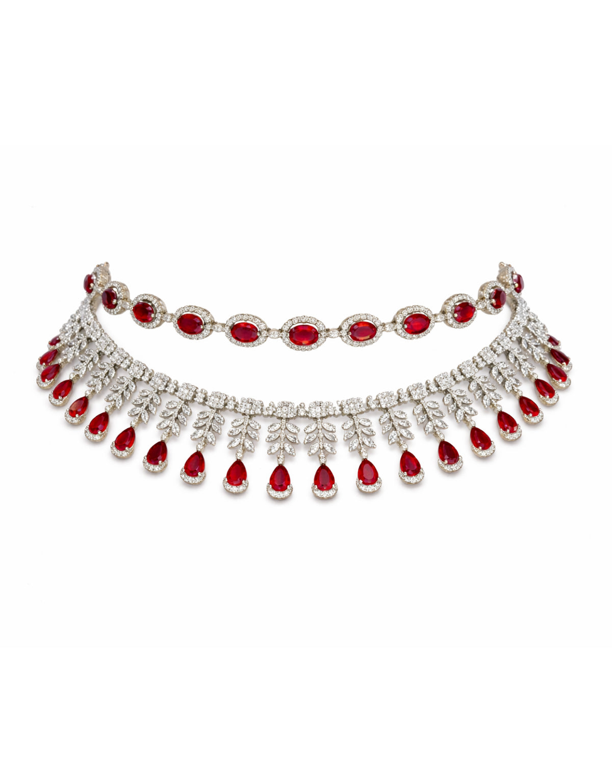 Silver Finish Red AD Necklace with Earrings