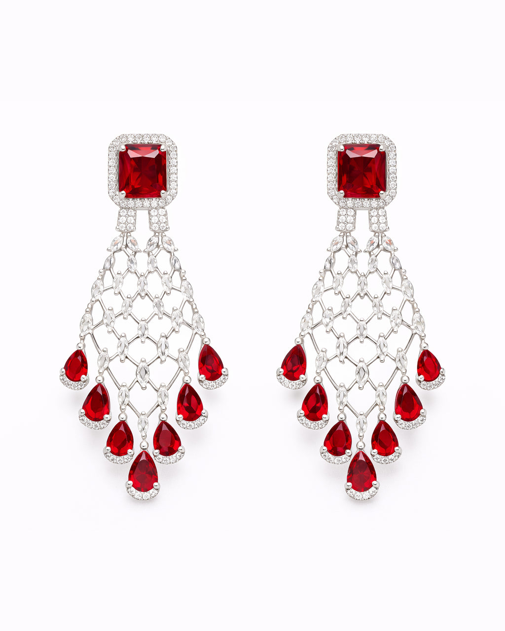 Silver Finish Red AD Necklace with Earrings