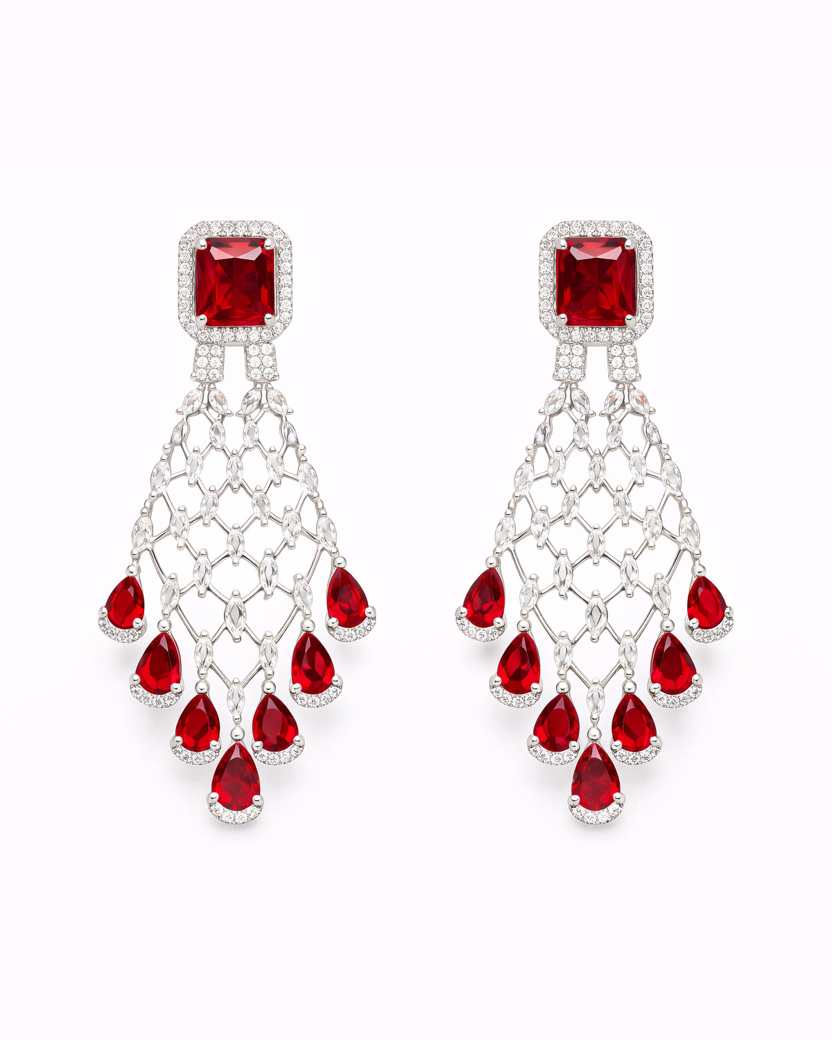 Silver Finish Red AD Necklace with Earrings