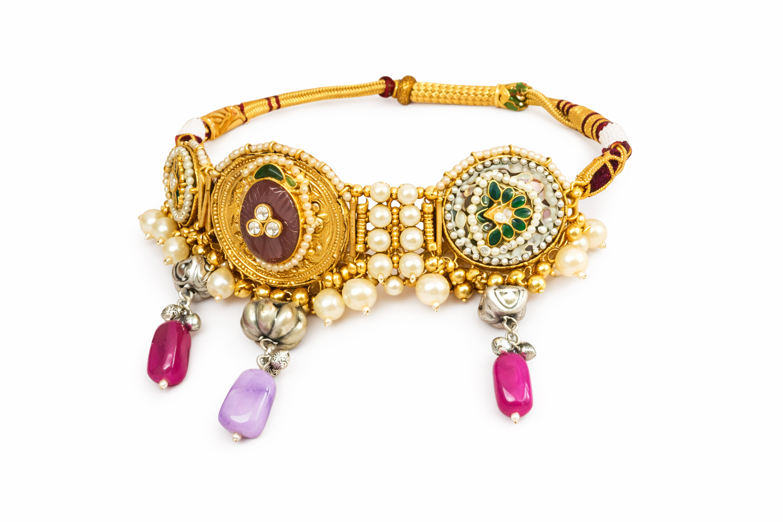 Intricate Gemstone Charm Choker with Dome Earrings