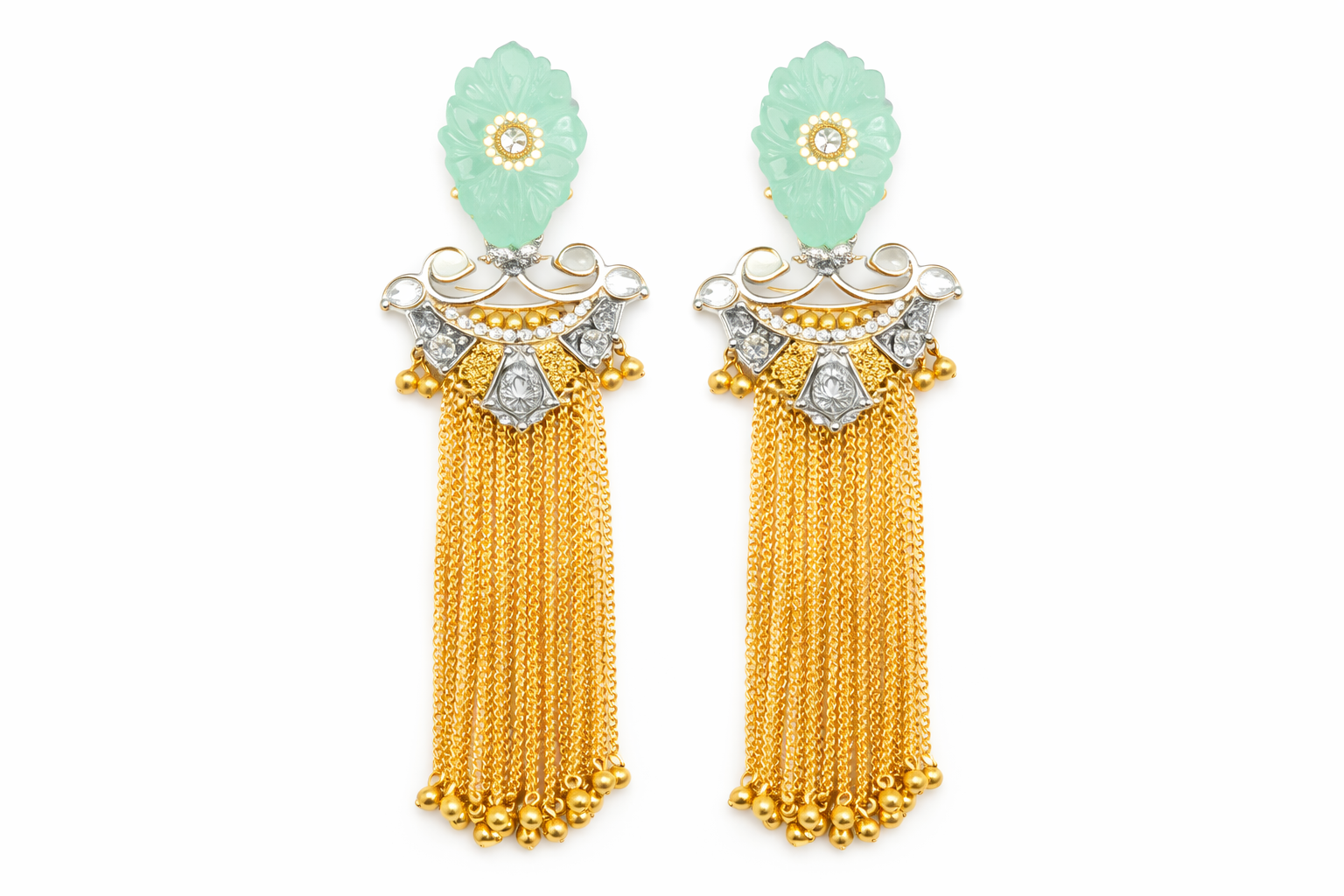 Mint Stone Tassel Chain Statement Earrings