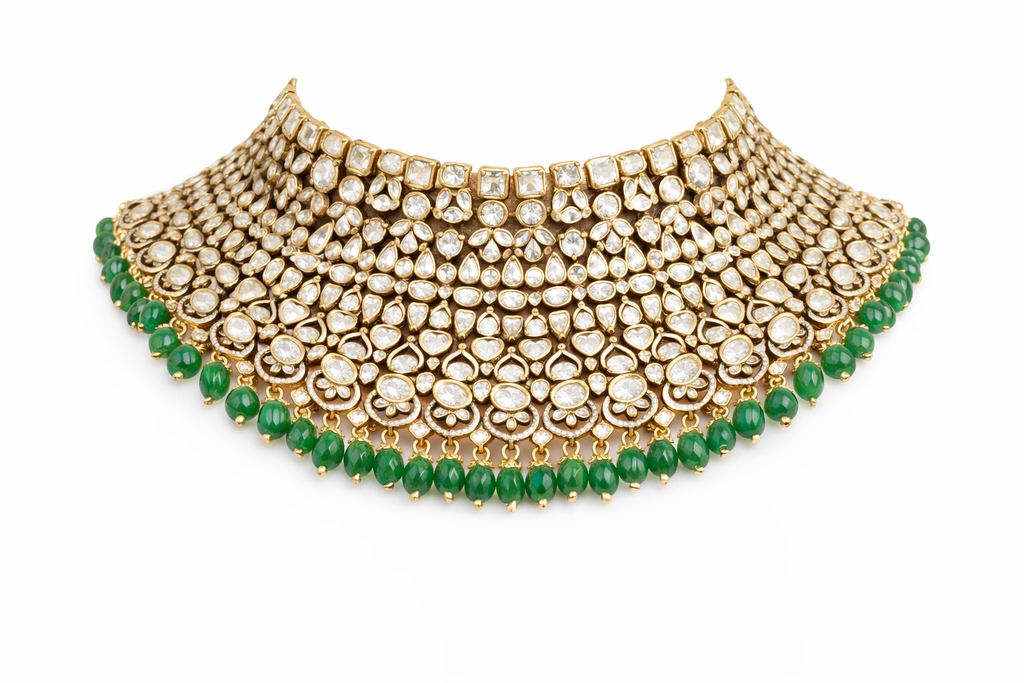 Elegant Victorian Fringe Detailed Choker with Statement Earrings and Maangtika
