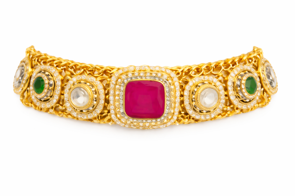 Traditional Royal Motif Gold Choker with Earrings