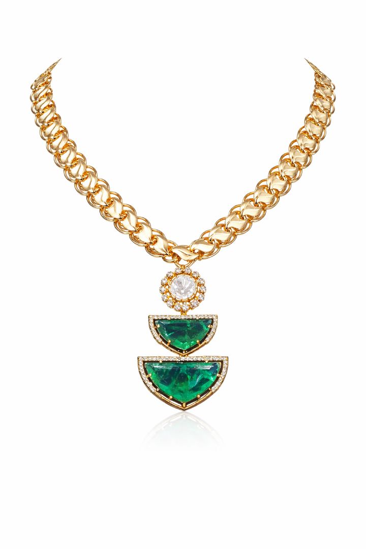 Green Stone Polki Drop Statement Necklace with Earrings