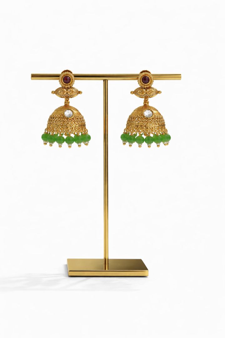 Gold Plated Temple Green Stone Necklace and Earrings