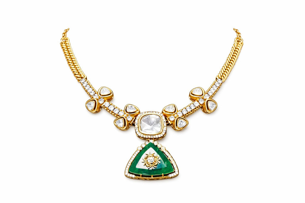 Polki Green Triangle Pendant Elegant Necklace with Earrings