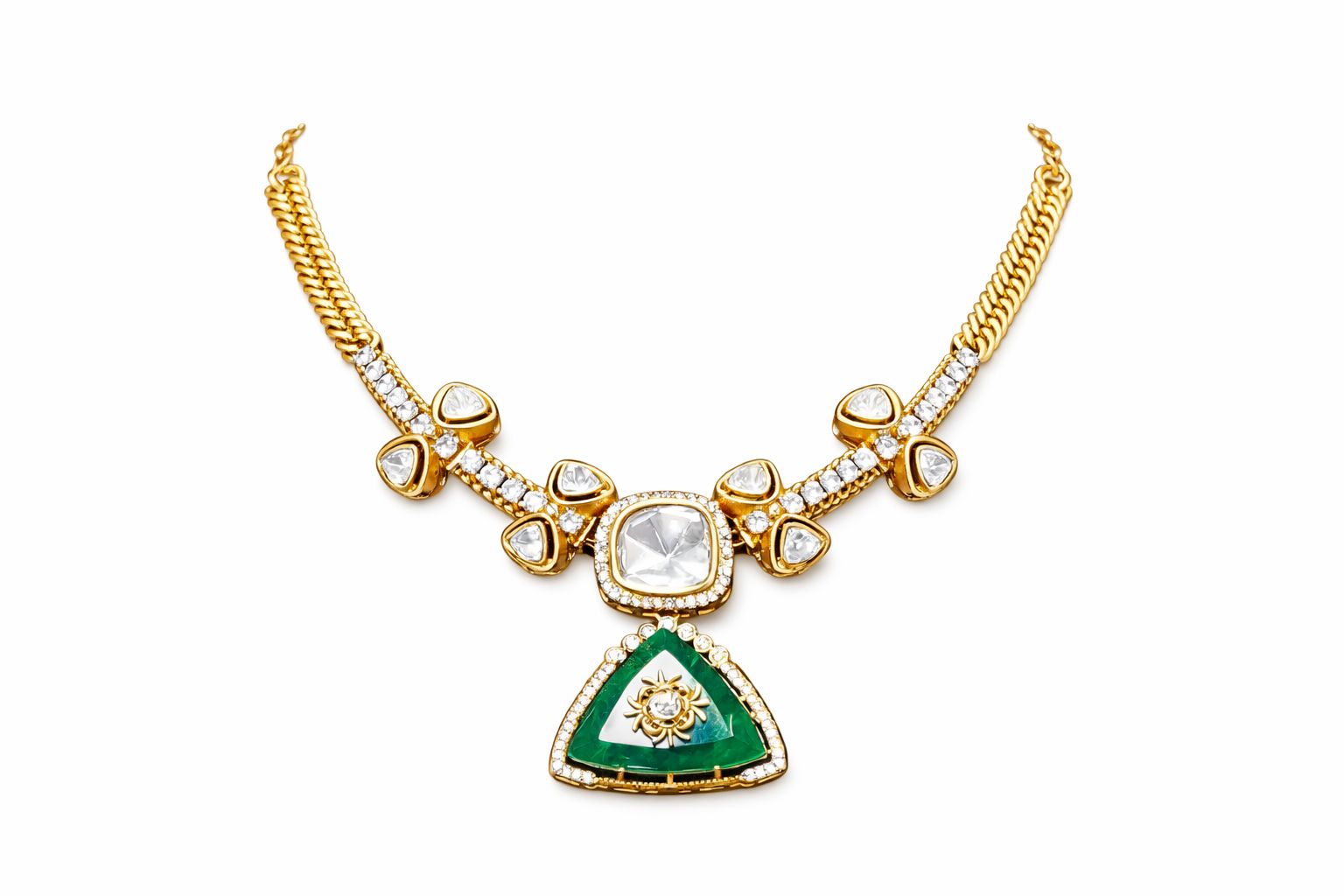 Polki Green Triangle Pendant Elegant Necklace with Earrings