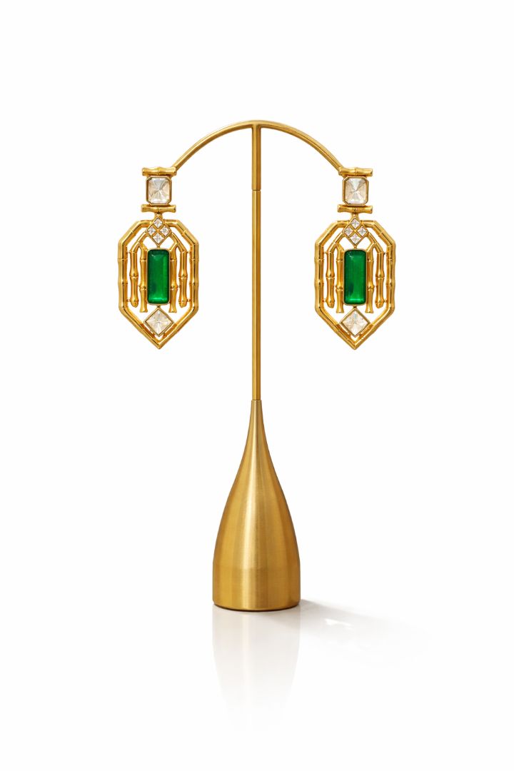 Regal Green Stone Geometric Dangler Earrings