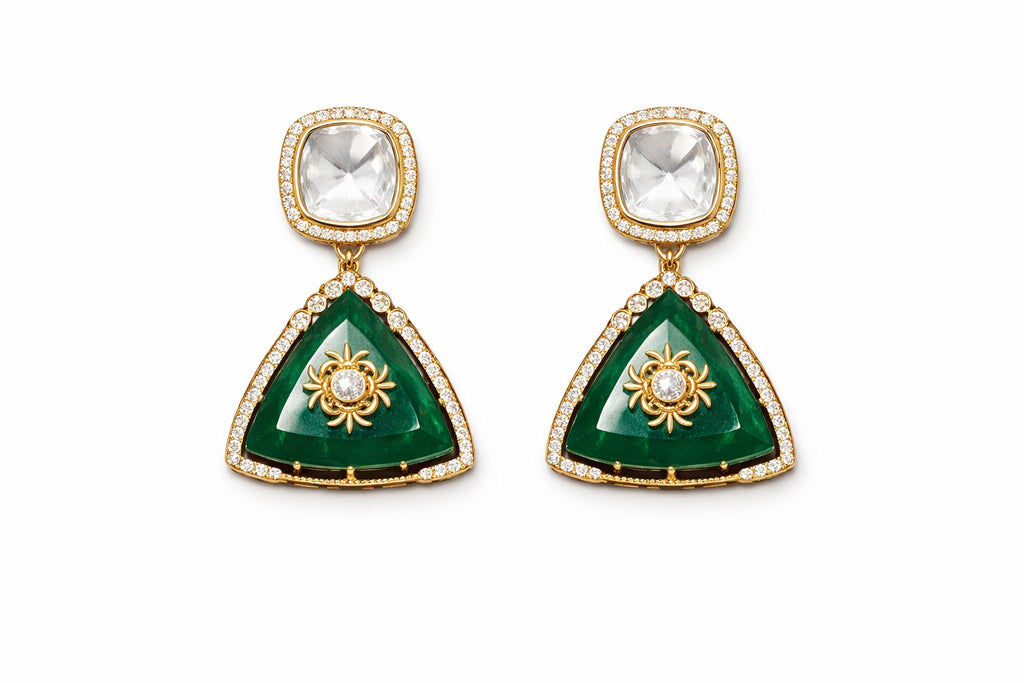 Polki Green Triangle Pendant Elegant Necklace with Earrings