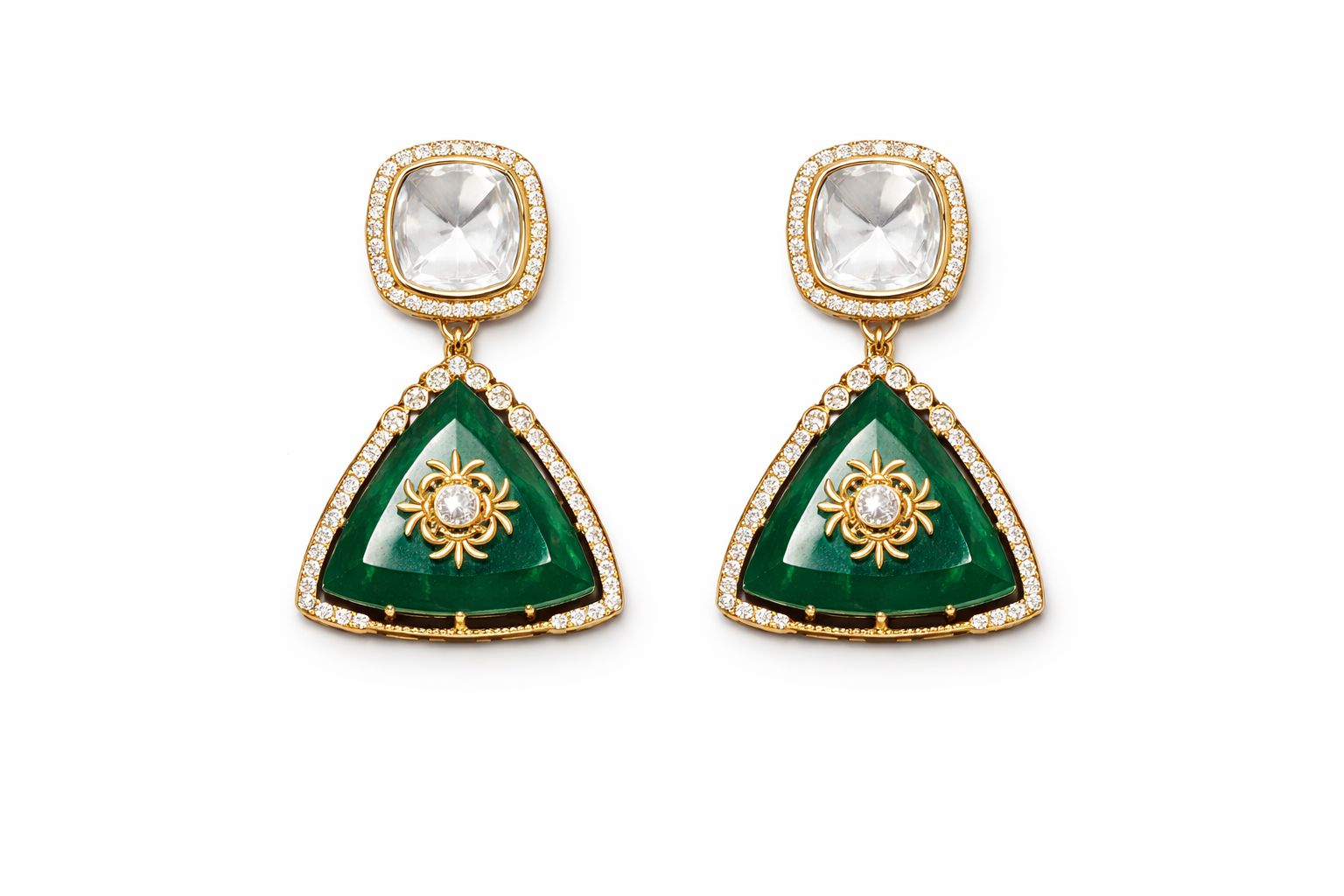 Polki Green Triangle Pendant Elegant Necklace with Earrings