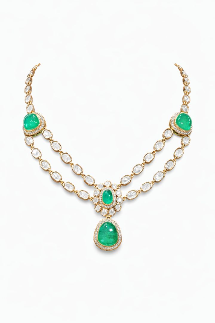 Polki Emerald Layered Pendant Elegant Necklace with Earrings