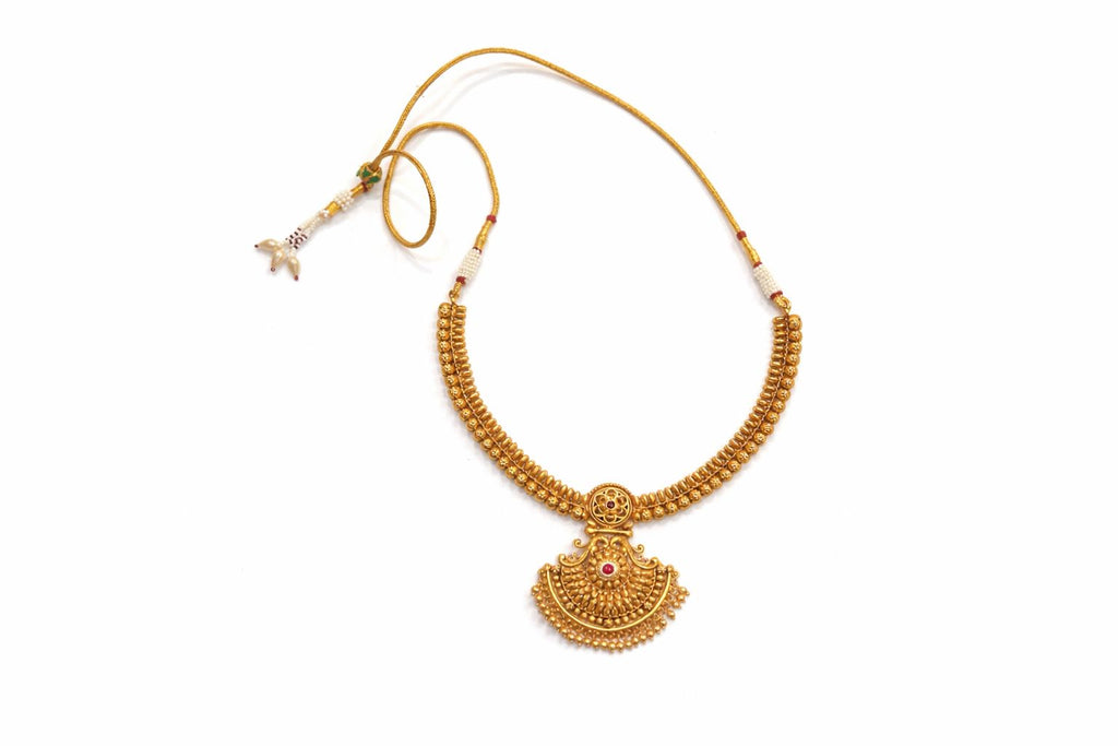 Traditional Temple Motif Antique Gold Plated Necklace with Earrings