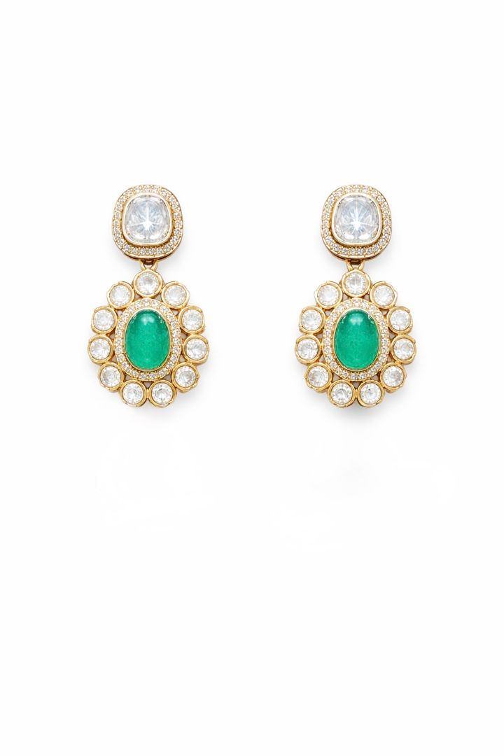 Polki Emerald Layered Pendant Elegant Necklace with Earrings
