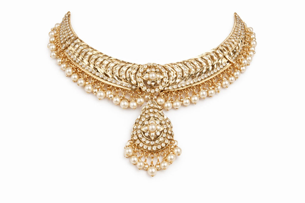 Pearl Fringe Polki Statement Choker and Earrings
