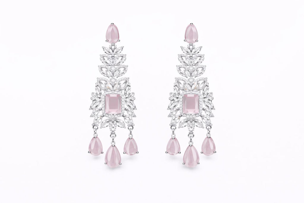 Silver Finish Pink Drop Collar with Chandelier Danglers