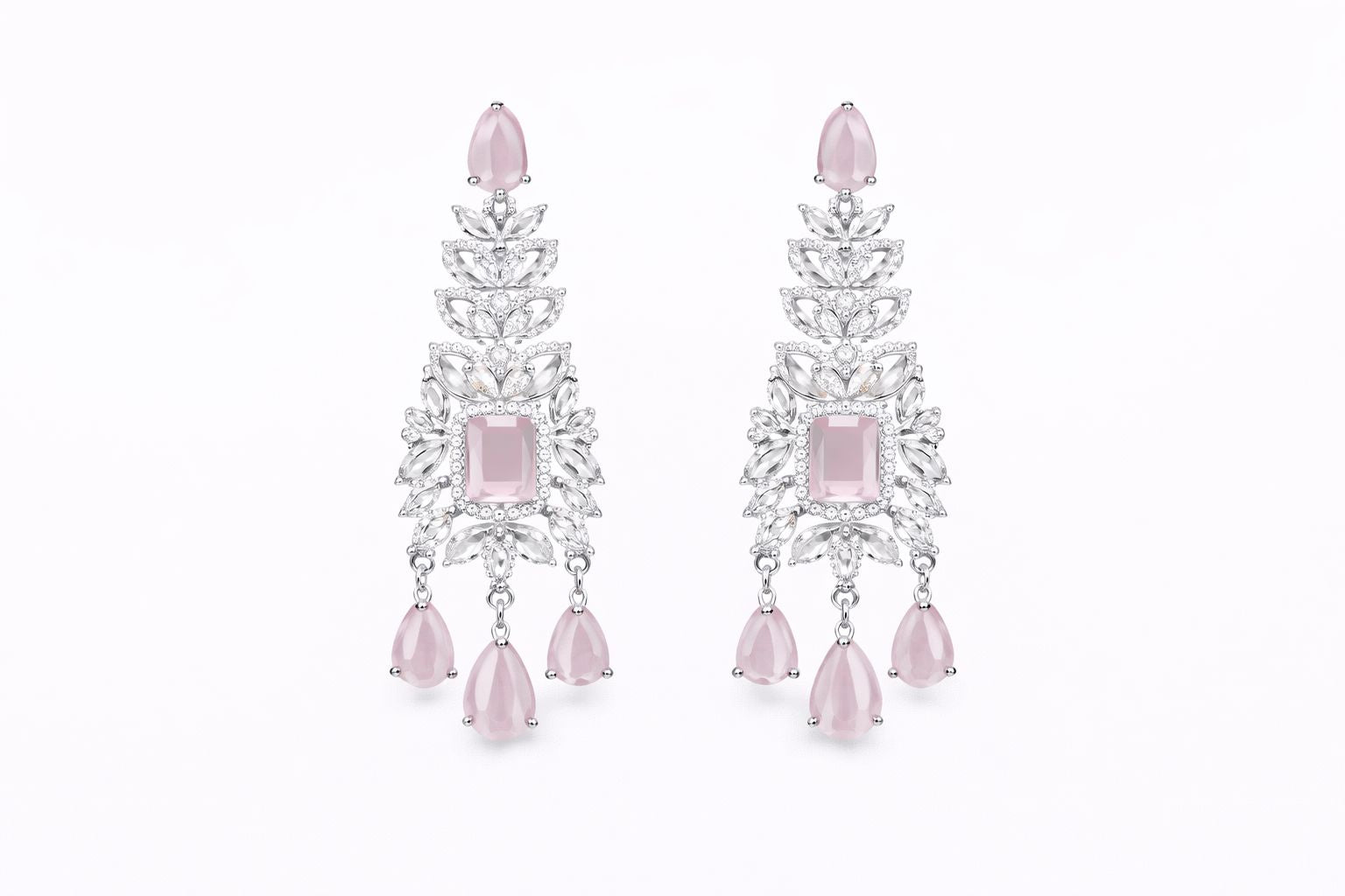 Silver Finish Pink Drop Collar with Chandelier Danglers
