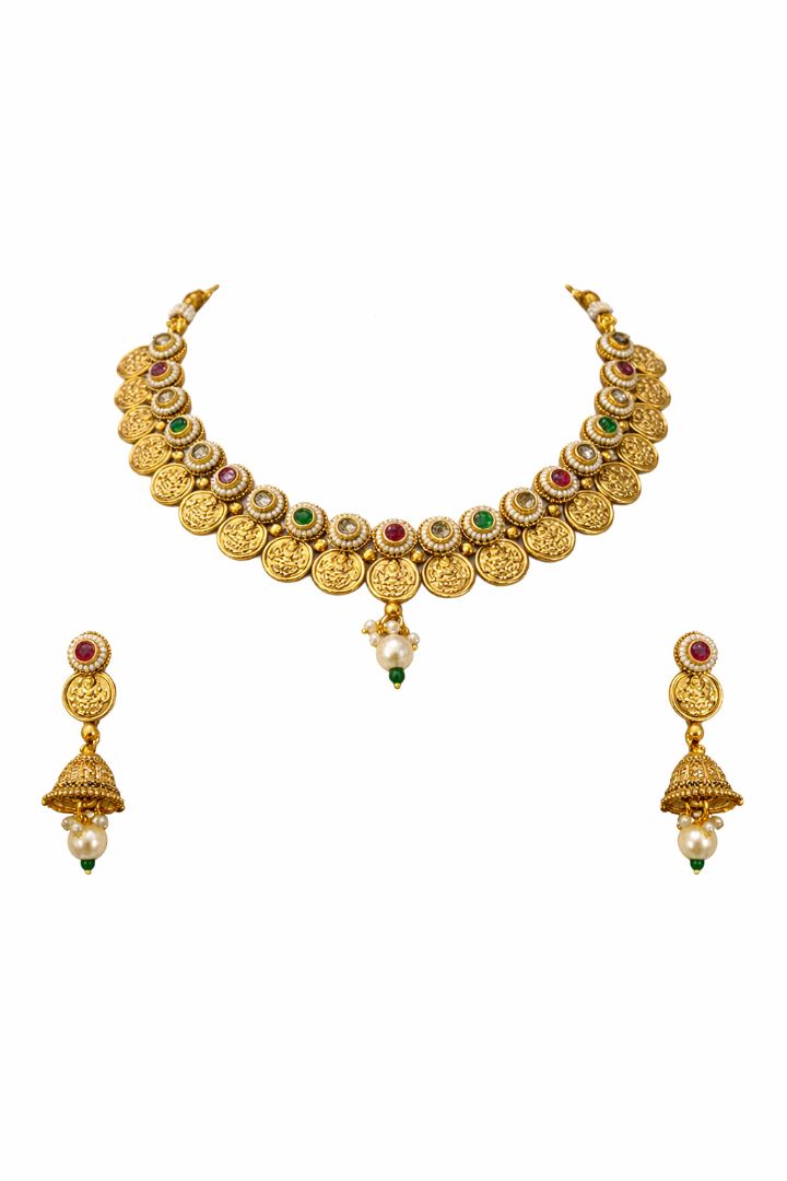 Stunning South Gold Necklace Coin-Style with Jhumka Earrings