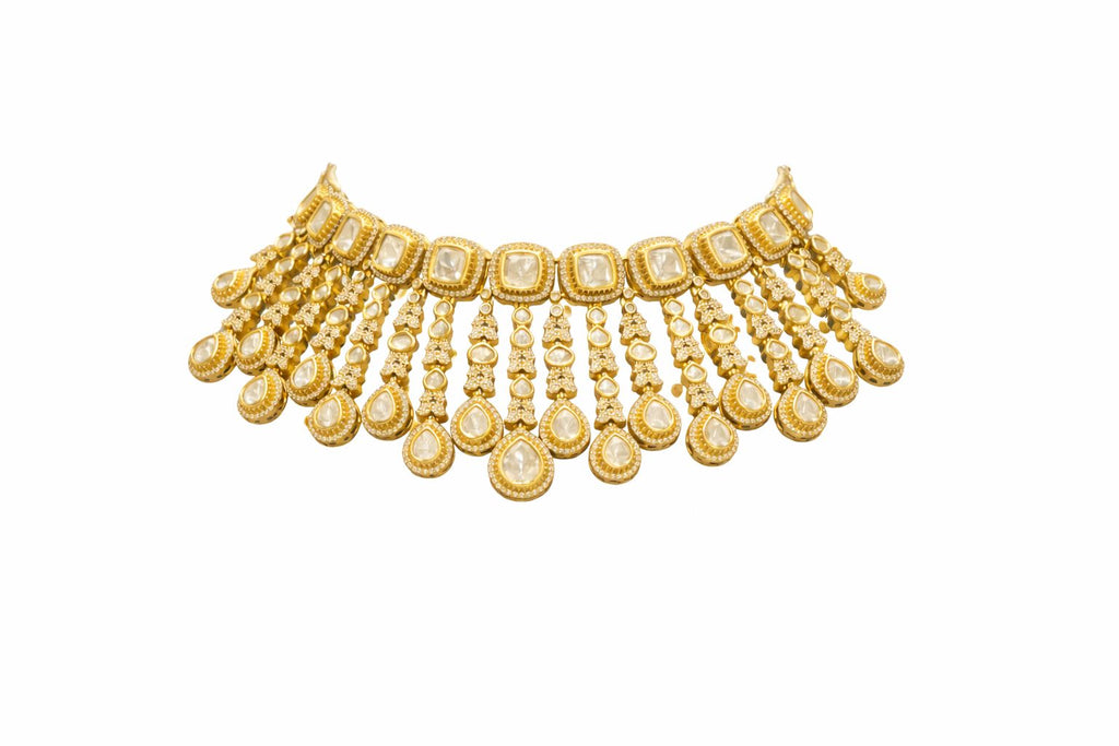 Victorian Fringe Pattern Gold Collar Necklace with Earrings