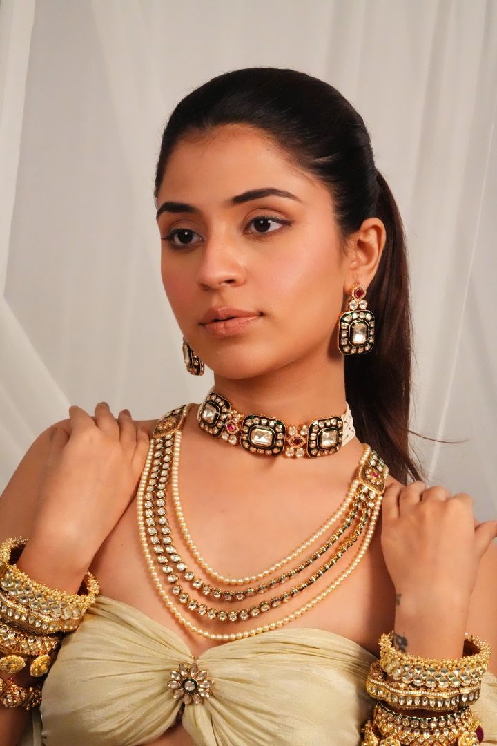 Minimal Luxe Kundan Collar Choker with Earrings