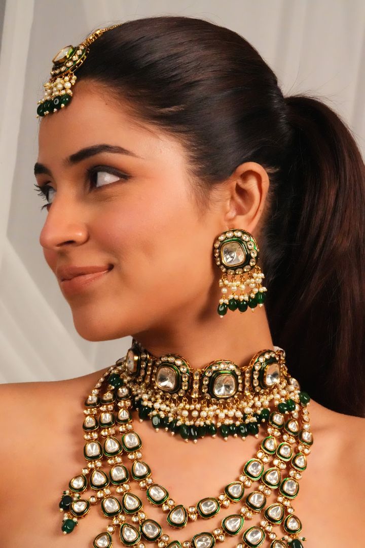 Emerald Fringe Kundan Bridal Set