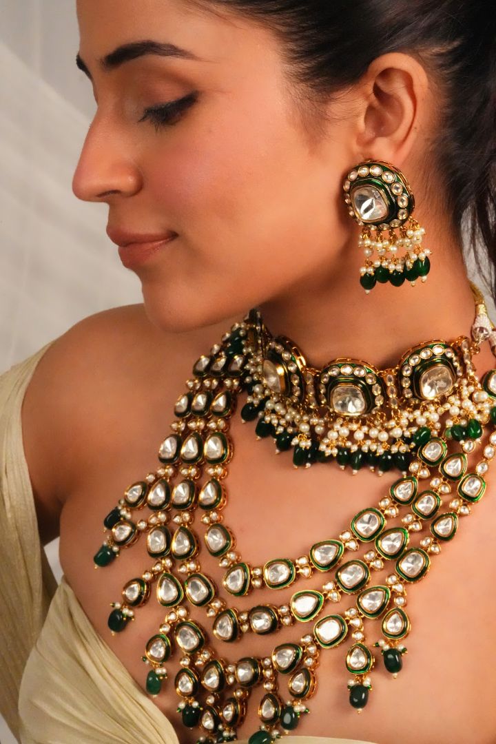 Emerald Fringe Kundan Bridal Set