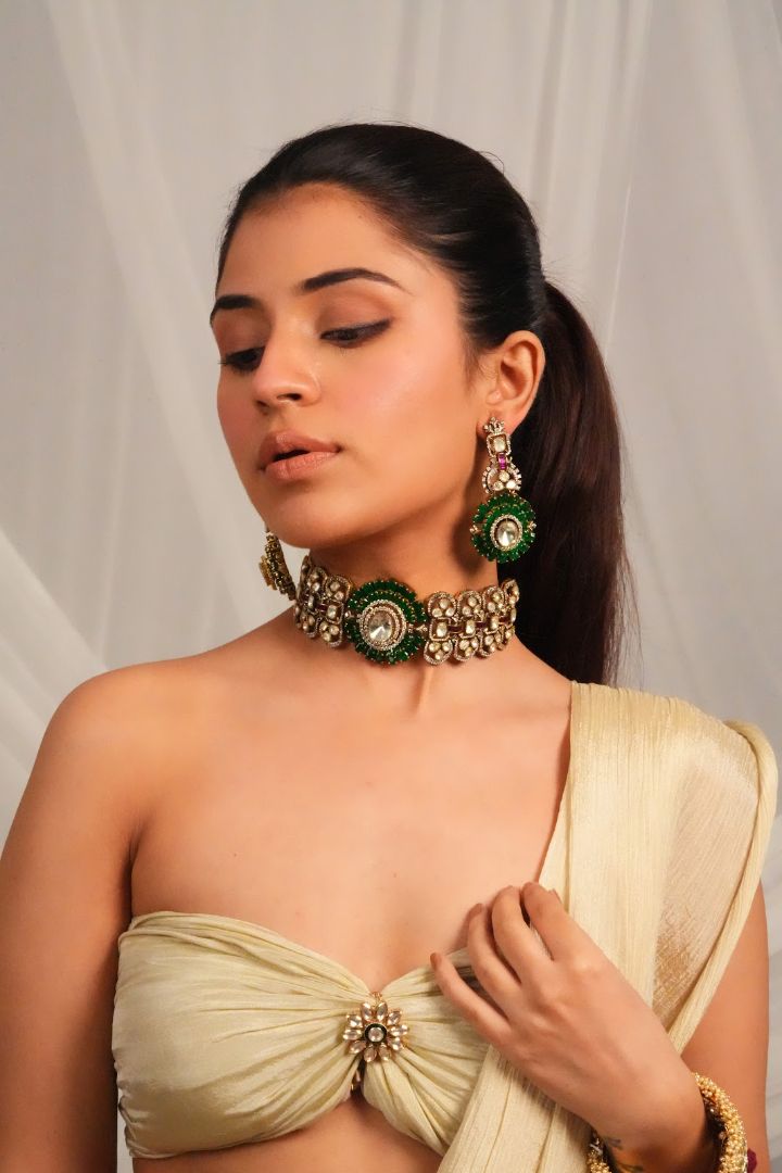 Regal Green Bead Designer Necklace with Earrings