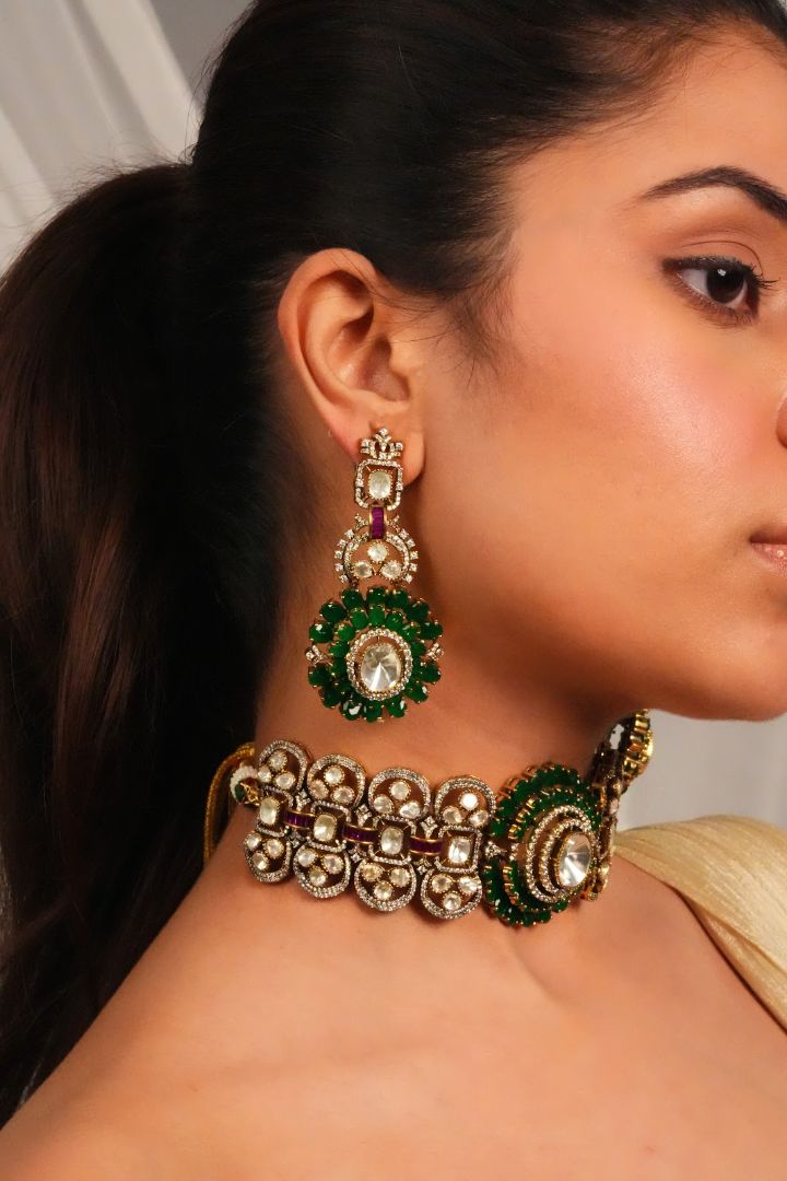 Regal Green Bead Designer Necklace with Earrings