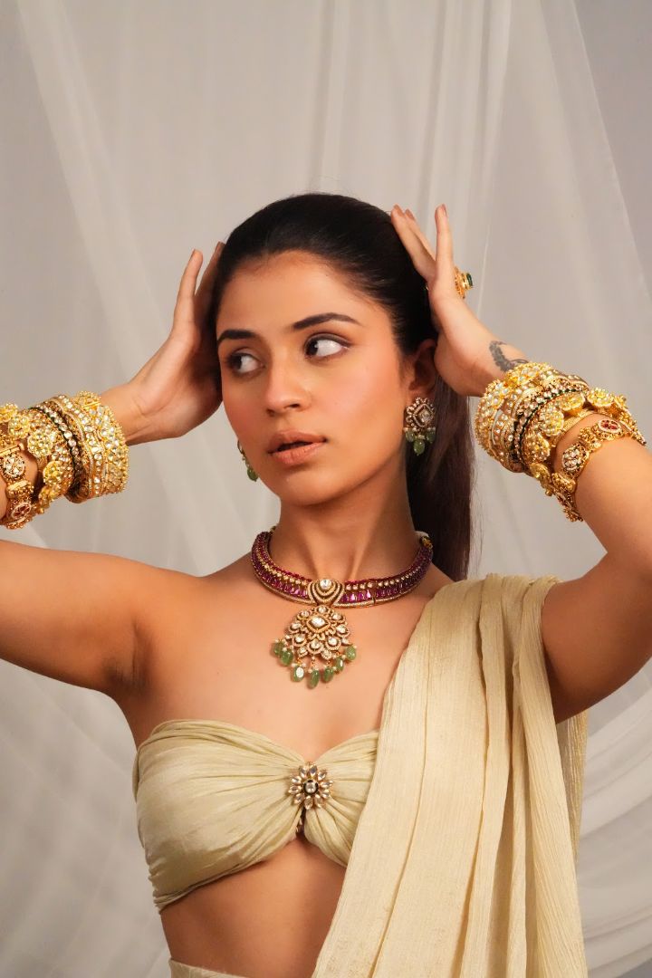 Temple Inspired Gemstone Collar Necklace with Earrings