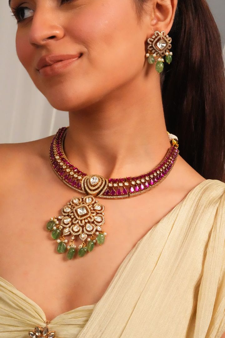 Temple Inspired Gemstone Collar Necklace with Earrings