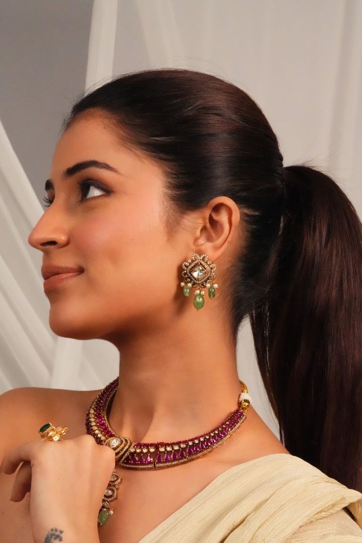 Temple Inspired Gemstone Collar Necklace with Earrings