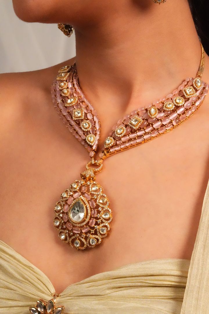 Blush Enamel Victorian Statement Necklace with Earrings