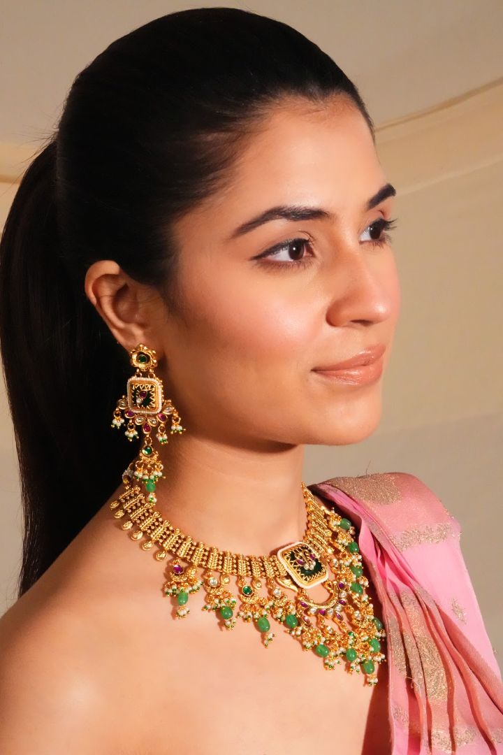 Heritage Motif Handcrafted Temple Necklace with Earrings