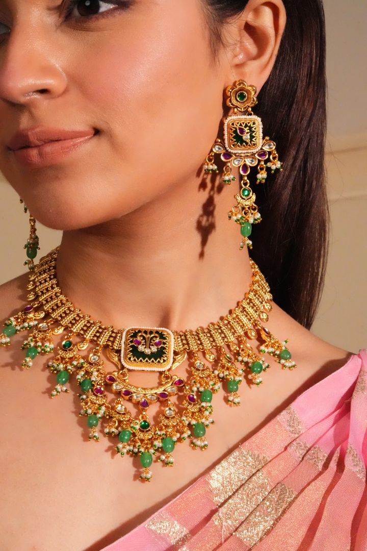 Heritage Motif Handcrafted Temple Necklace with Earrings