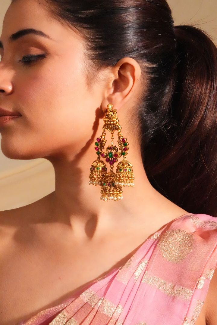 Temple Inspired Multicolor Jhumka Earrings