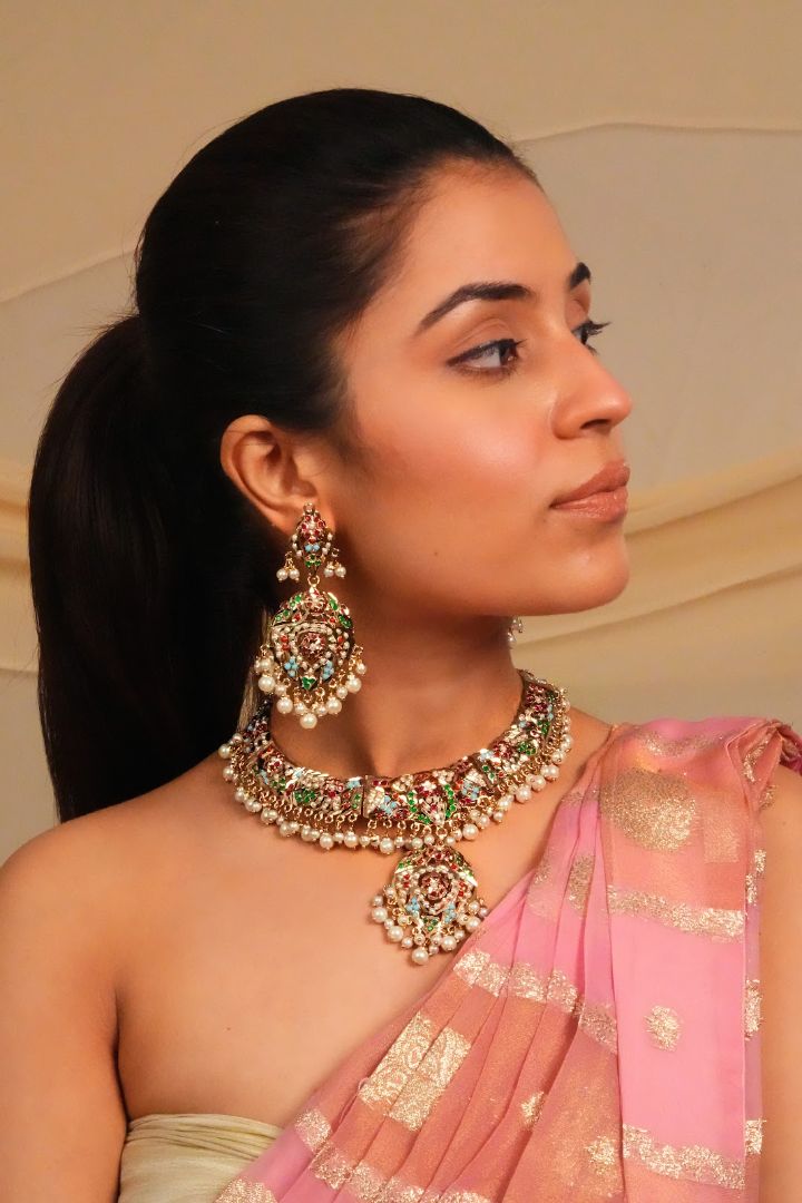 Grand Multisone Jadau Statement Necklace with Earrings