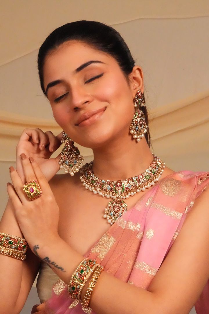 Grand Multisone Jadau Statement Necklace with Earrings