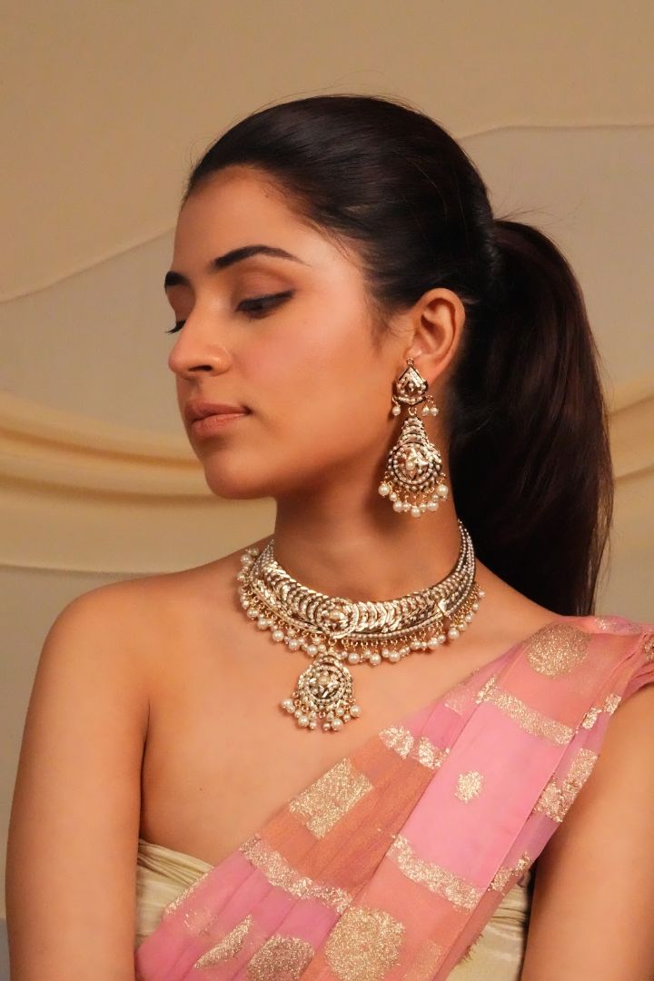 Pearl Fringe Polki Statement Choker and Earrings