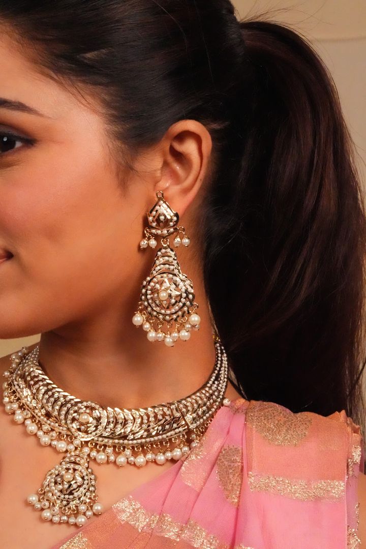 Pearl Fringe Polki Statement Choker and Earrings