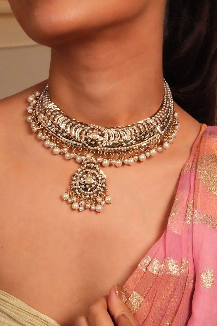 Pearl Fringe Polki Statement Choker and Earrings