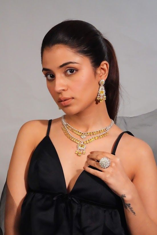 Yellow Stone AD Layered Necklace with Earrings
